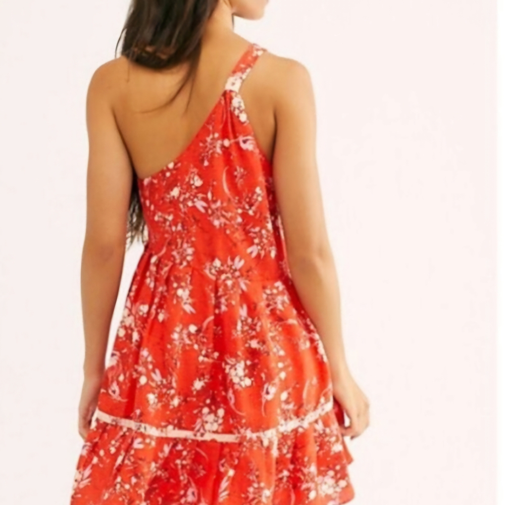 FREE PEOPLE One-Shoulder Red Floral Dress XS
